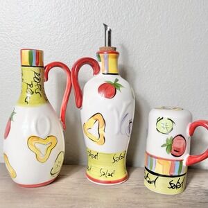 Tabletops Gallery Salad 101 Hand Painted Oil Vinegar Cruet & Pepper Shaker Set